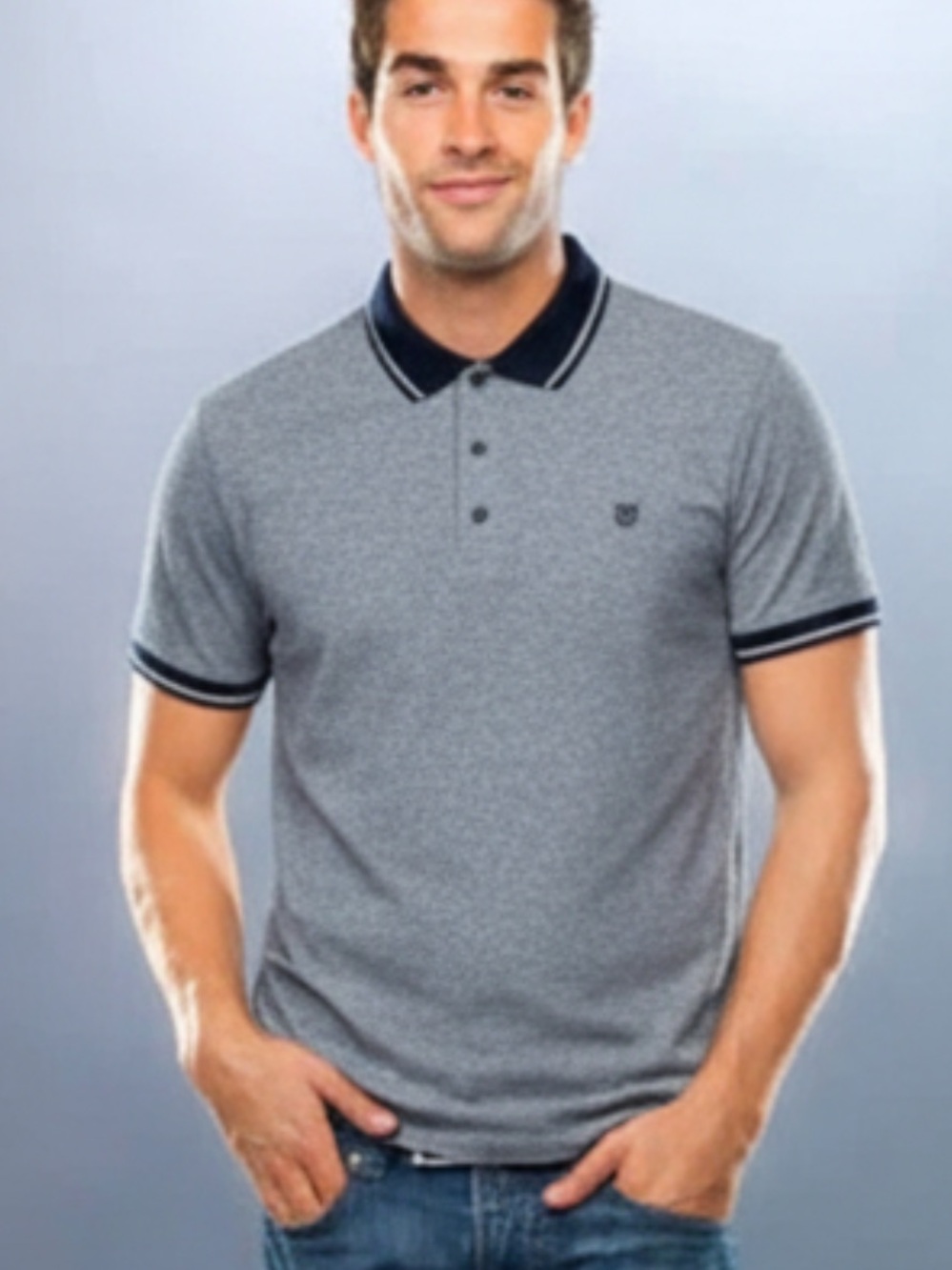 Jack & Jones Heathered blue cotton Short-Sleeve Polo Shirt with Contrast Collar